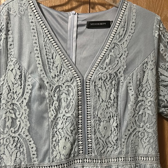 MEROKEETY FLORAL LACE BRIDESMAID MAXI DRESS Size 2XL Preloved Light Blue - Picture 6 of 8